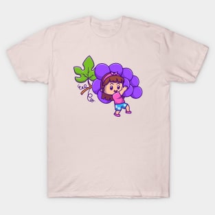 Cute Girl Holding Grape Cartoon T-Shirt